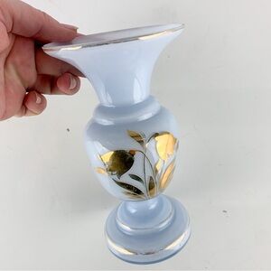 Antique Czechoslovakia Blue Opaline Art Glass Floral Vase Gold Tulips Stamped